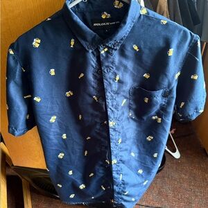 Lokai Navy Button-Up Short Sleeve Shirt with Yellow Drink Print